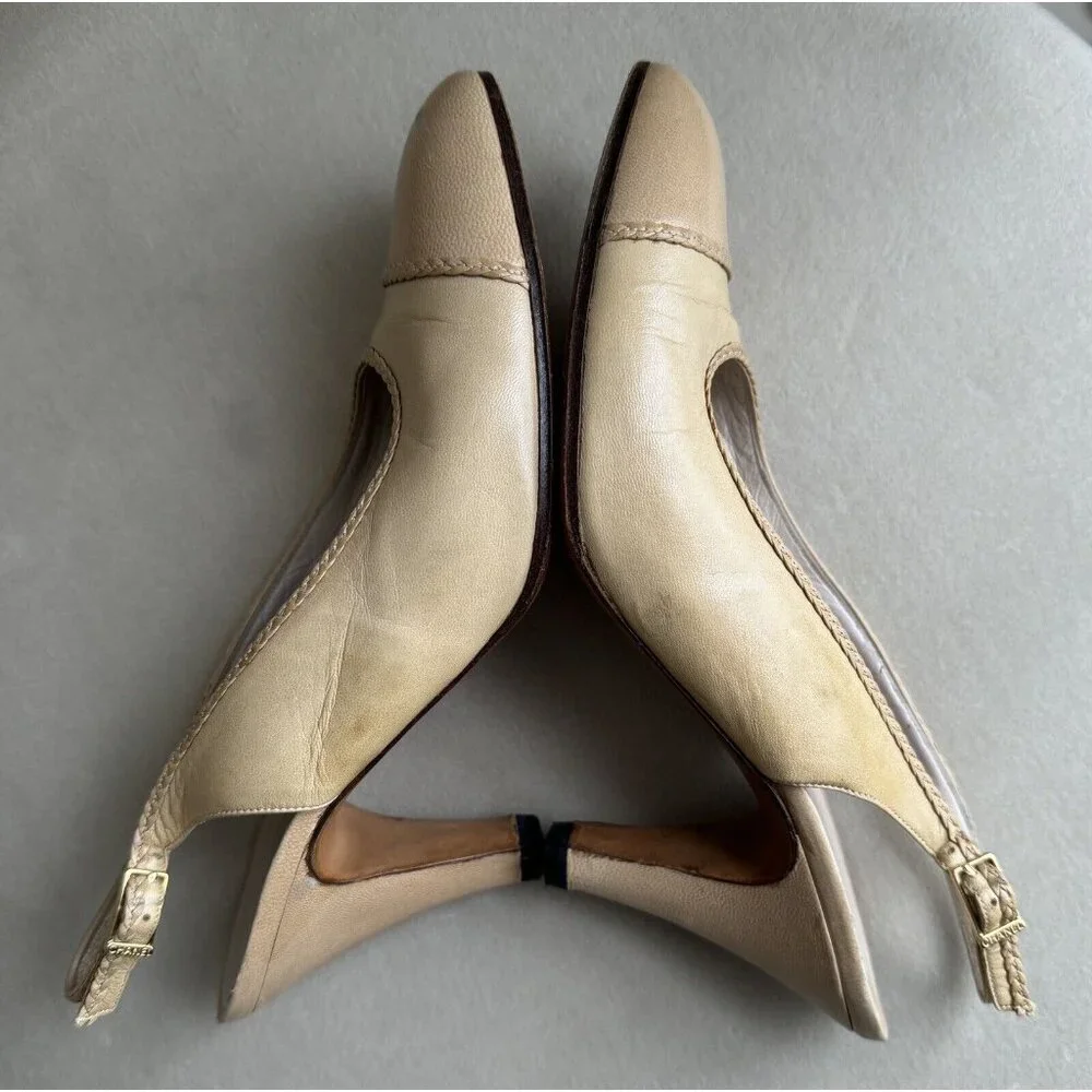 Chanel Vintage Sling back Size 6G Beige Leather Heels Shoes - Picture 6 of 9